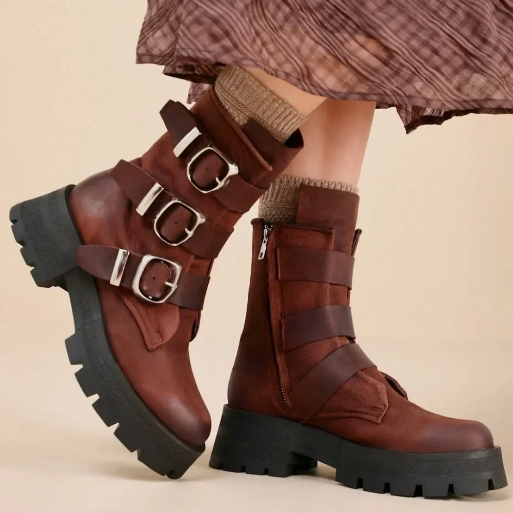 Urban Outfitters Steve Madden Roland Moto Boot Platform Lug Sole Brown - Picture 9 of 9